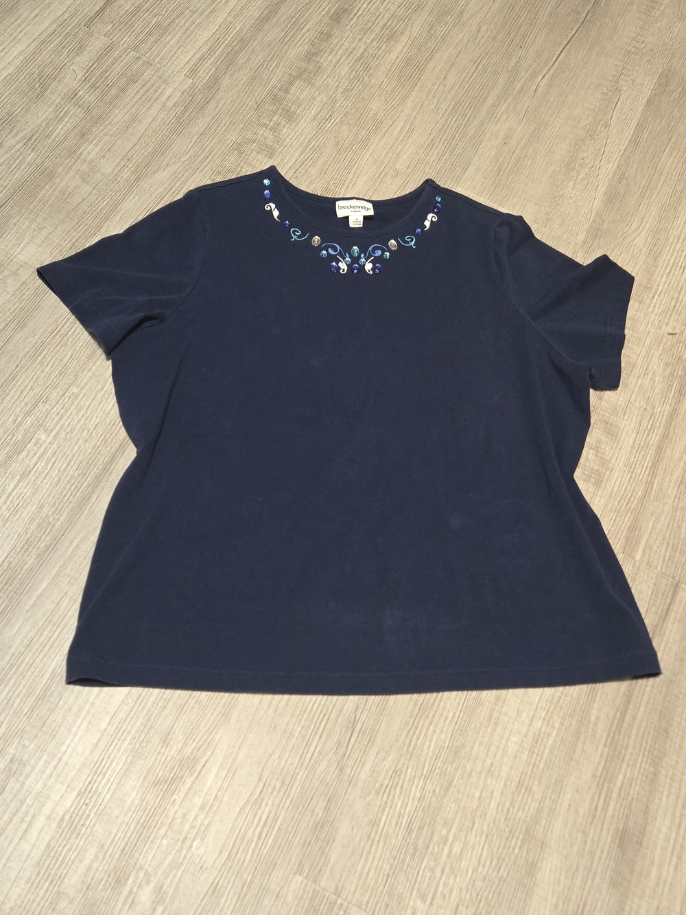 Charter Club Navy Short Sleeve Tee with Embellished Neck
